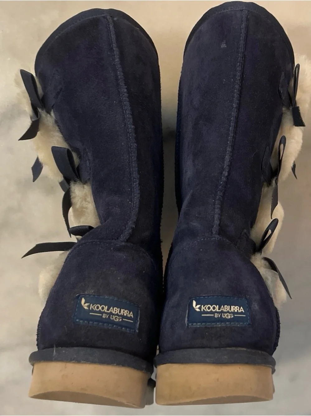 Koolaburra Navy Suede Winter Boots with Fur Pom and Bows Detail